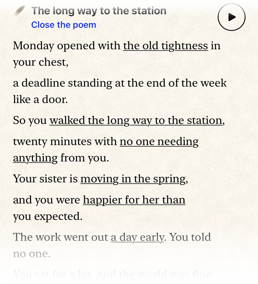 The weekly poem 'The long way to the station', with the person's own words underlined
